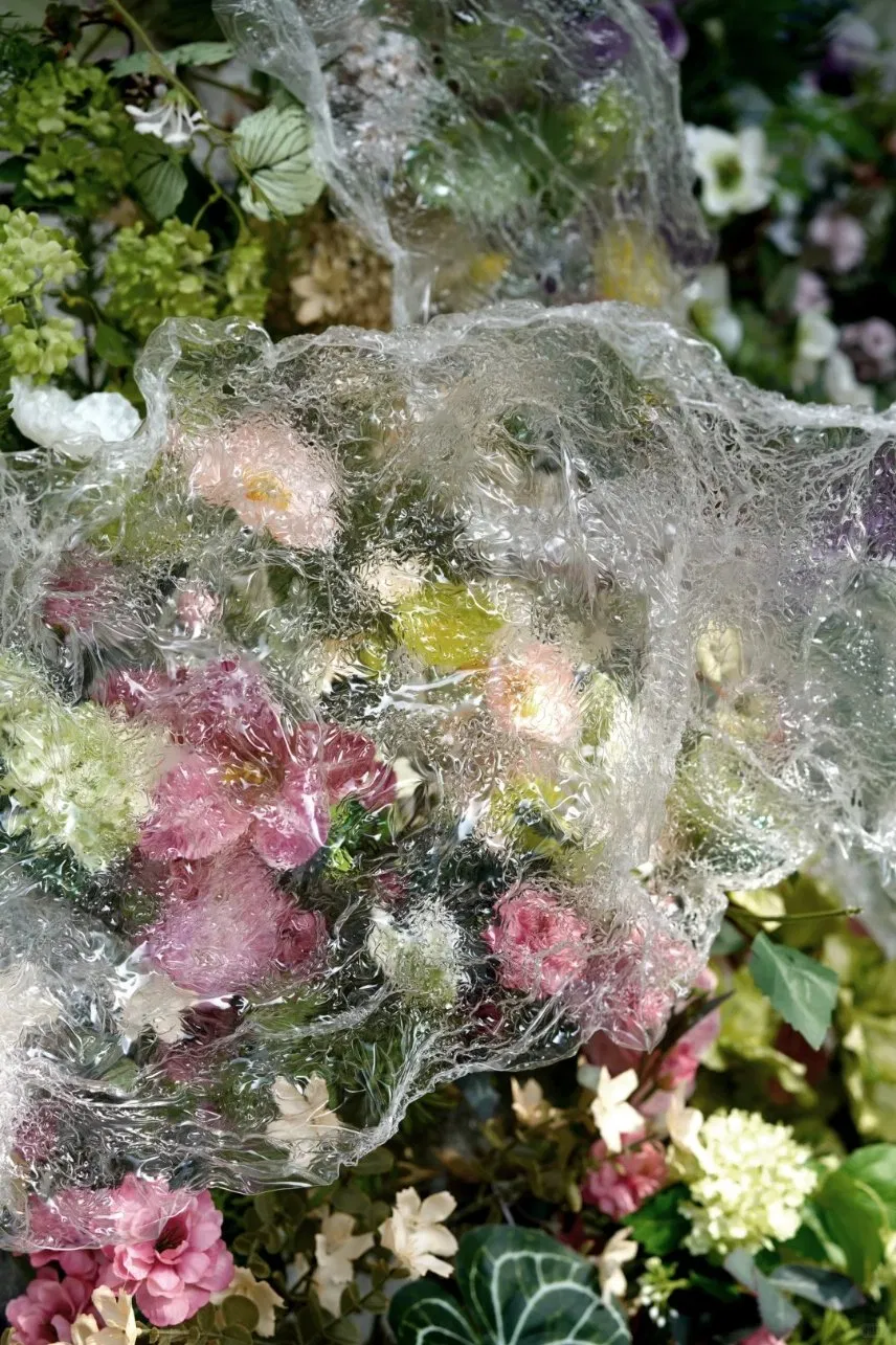 Artificial Greenery Art Installation with Giant Blue Butterflies