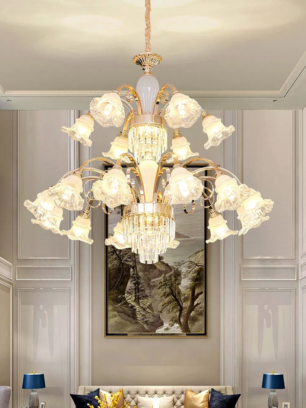 European Luxury K9 Crystal Large Chandelier Villa Hotel Lighting Living Room Duplex Floor Spiral Staircase Long Pendant Lamps