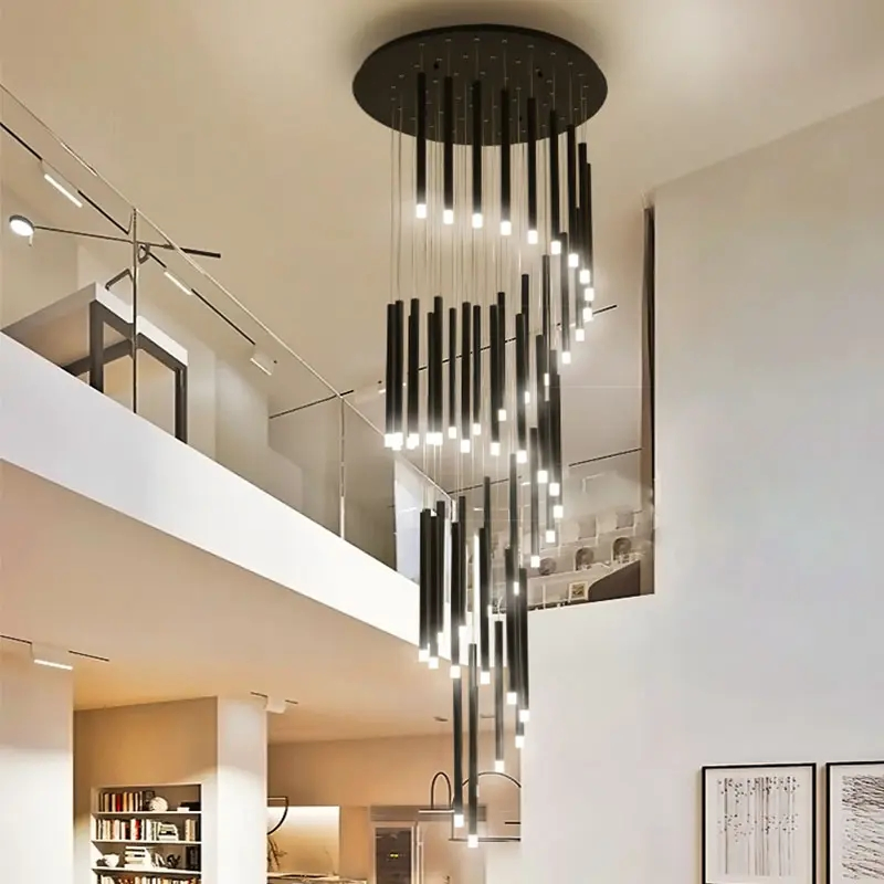 Modern Staircase Chandelier Pendant Light Black Villa Spiral Staircase Light Luxury Long Chandelier