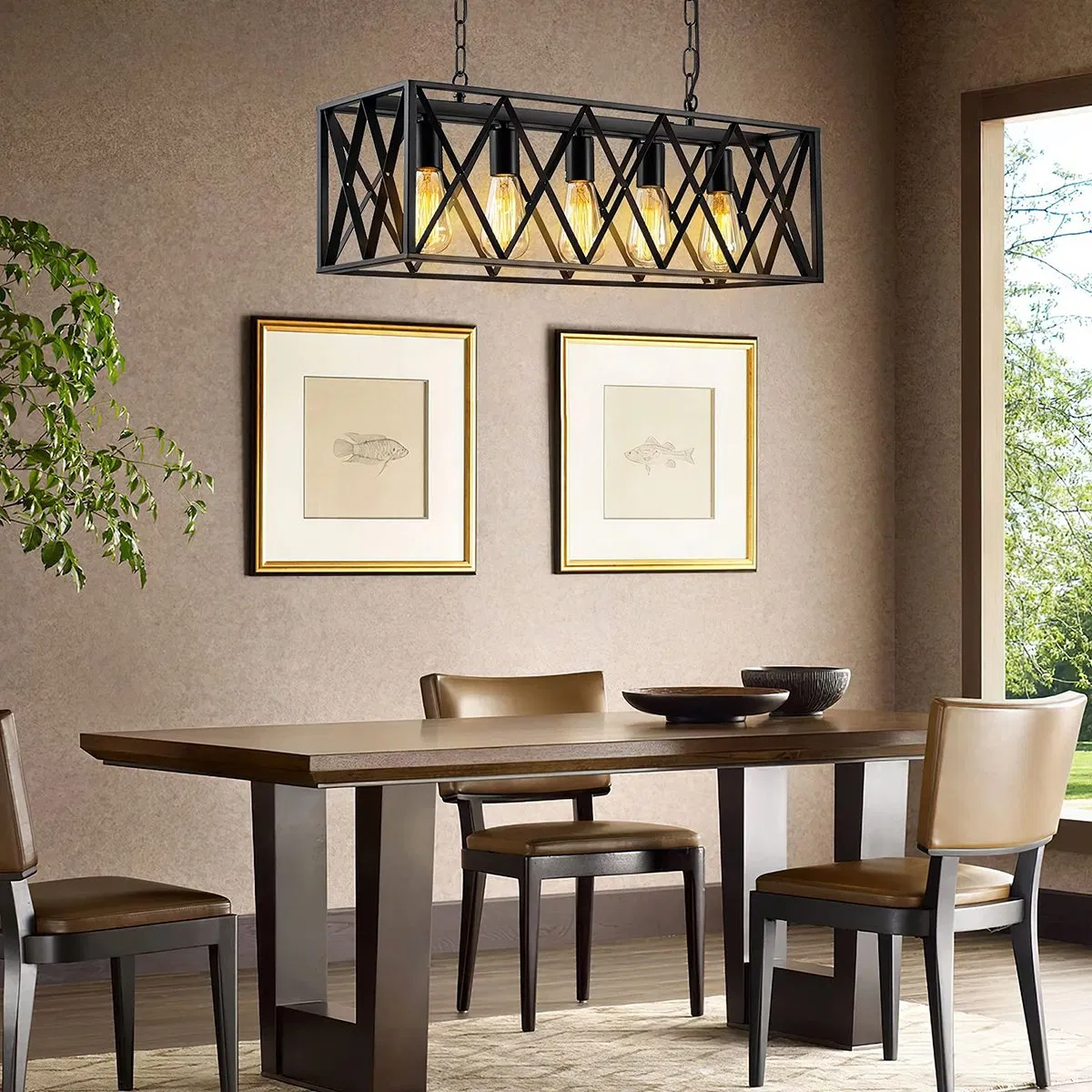 4 Lights Rectangle Chandelier Farmhouse Industrial Pendant Light Metal Lamp Linear Lighting