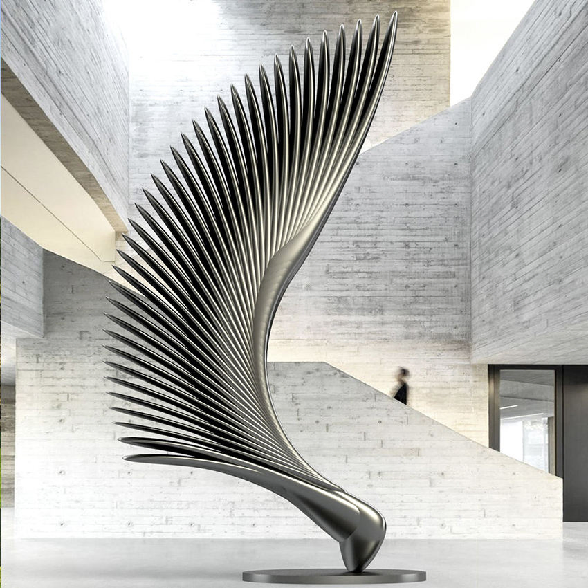 Large Stainless Steel Half Wing Wall Sculpture - Modern Metal Art Decor for Indoor &amp; Outdoor Use - Square Mall Installation
