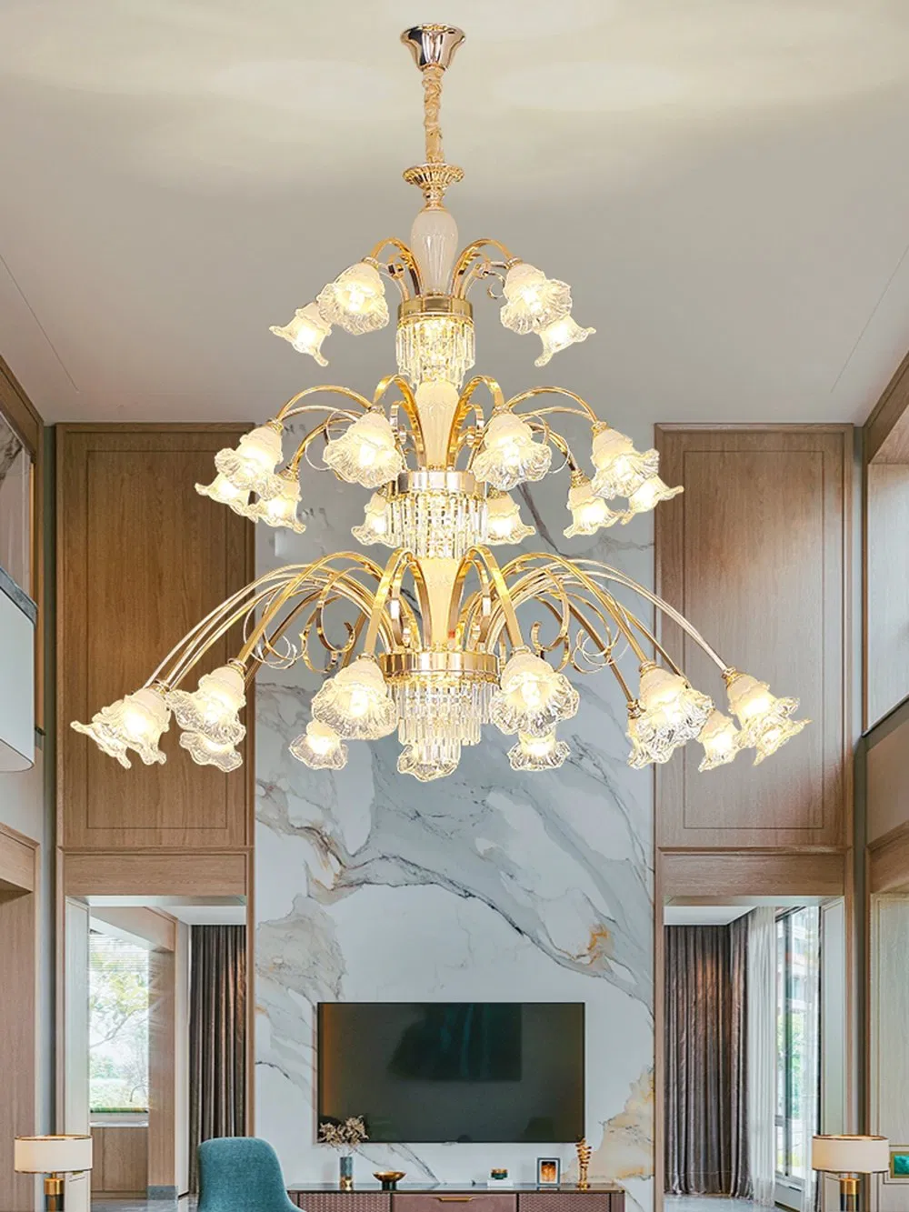 European Luxury K9 Crystal Large Chandelier Villa Hotel Lighting Living Room Duplex Floor Spiral Staircase Long Pendant Lamps