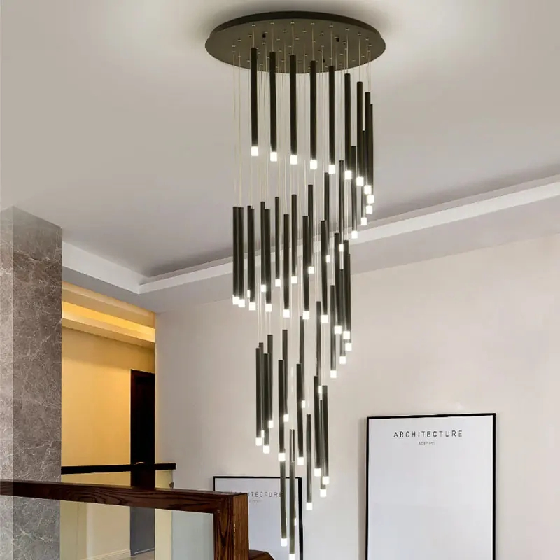 Modern Staircase Chandelier Pendant Light Black Villa Spiral Staircase Light Luxury Long Chandelier