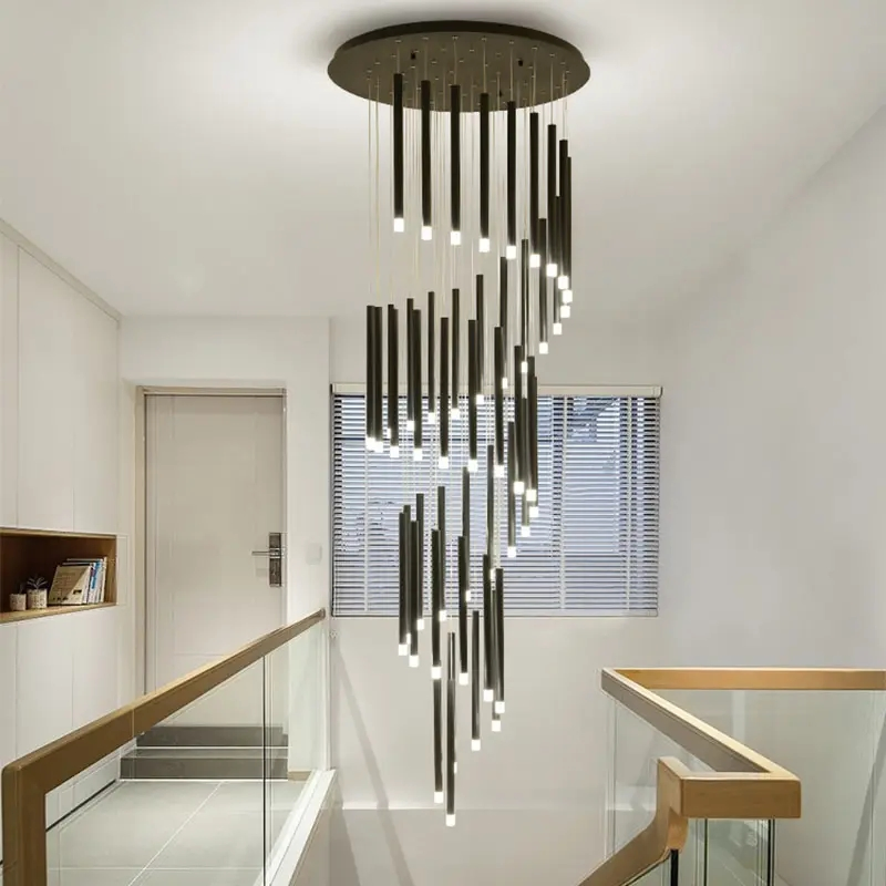 Modern Staircase Chandelier Pendant Light Black Villa Spiral Staircase Light Luxury Long Chandelier