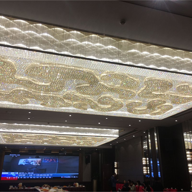 Luxury Large Flush Mount Banquet Lobby Grand Ballroom Ceiling Lighting Modern Hotel Large Rectangular Crystal Chandelier