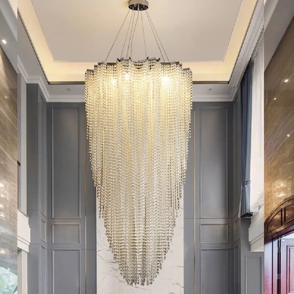 Luxury Raindrop Long Crystal Spiral Staircase Pendant Hanging Lamp High Ceiling Decorative Chandeliers