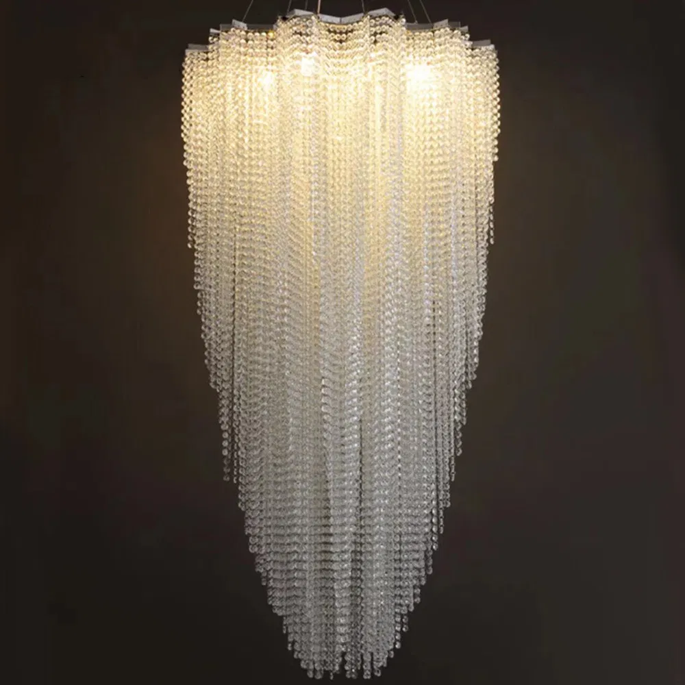 Luxury Raindrop Long Crystal Spiral Staircase Pendant Hanging Lamp High Ceiling Decorative Chandeliers