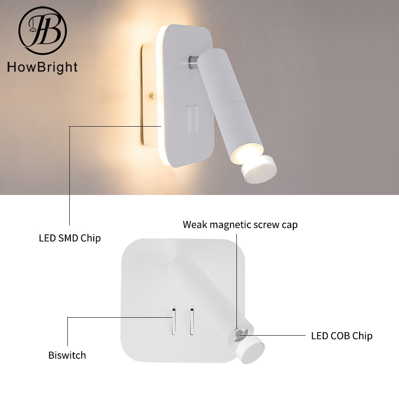 Hot Sale Square Shape 3W+6W LED Wall Lamp with Window Hotel Bedrooms Bedside Reading Light Shabbat Wall Lamps
