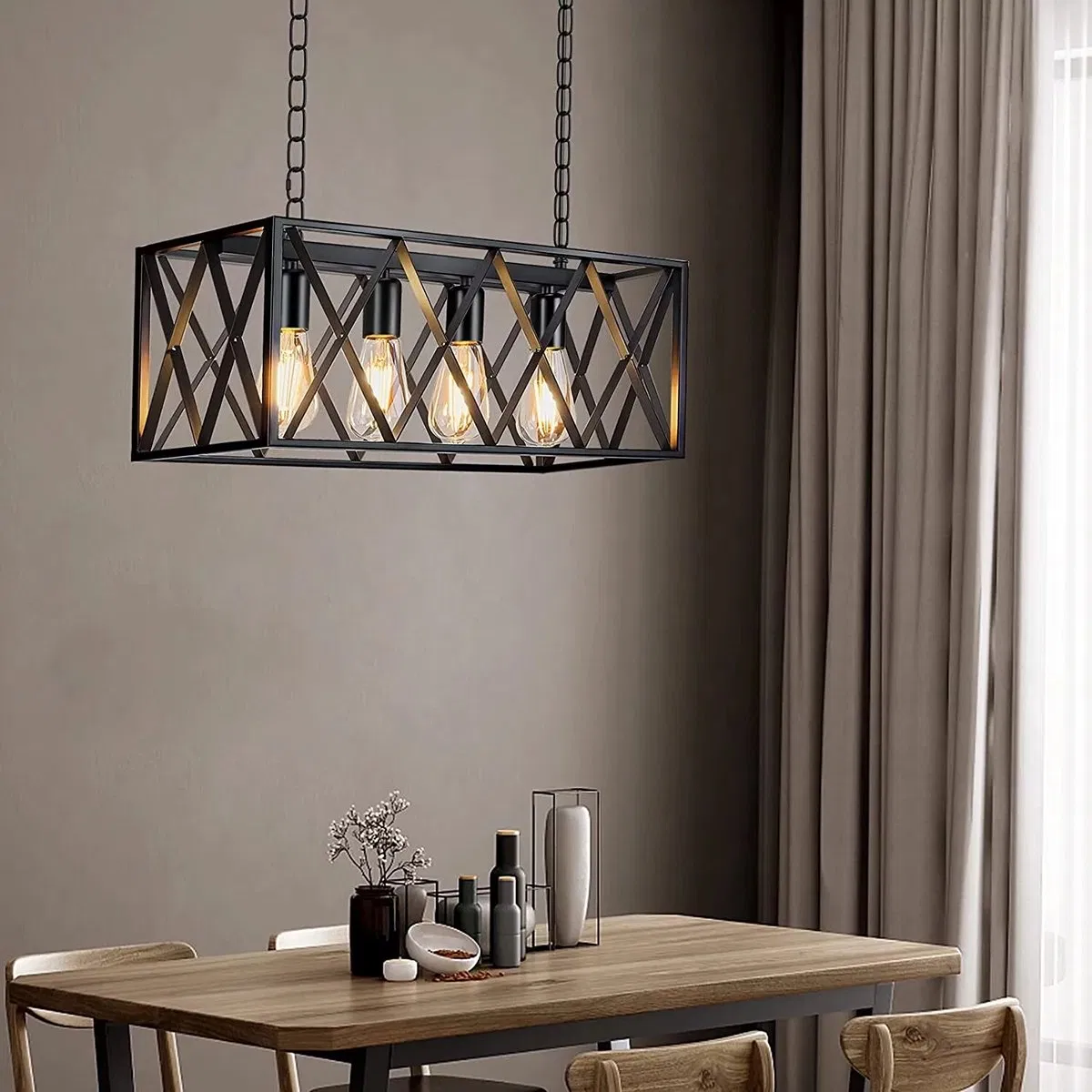 4 Lights Rectangle Chandelier Farmhouse Industrial Pendant Light Metal Lamp Linear Lighting