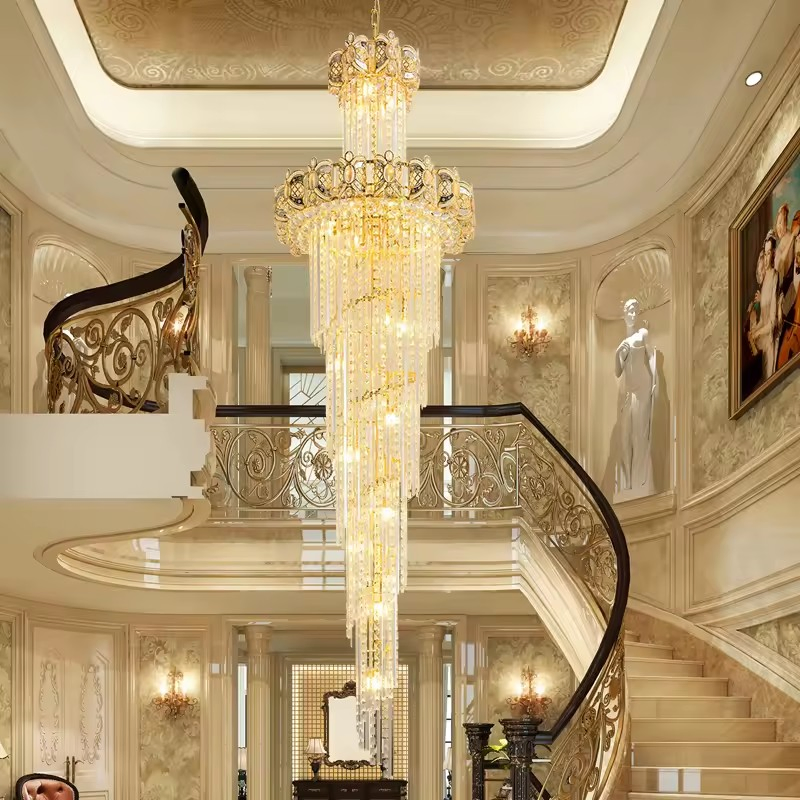 Duplex Villa Crystal Modern Lamp Minimalist Living Room Light Pendant Luxury High Ceiling Spiral Staircase Long Chandelier
