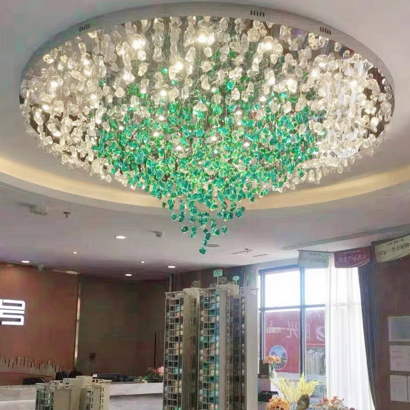 Hotel Lobby Lighting Project Ballroom Ceiling Decorated with Colored Stone Glass Chandeliers