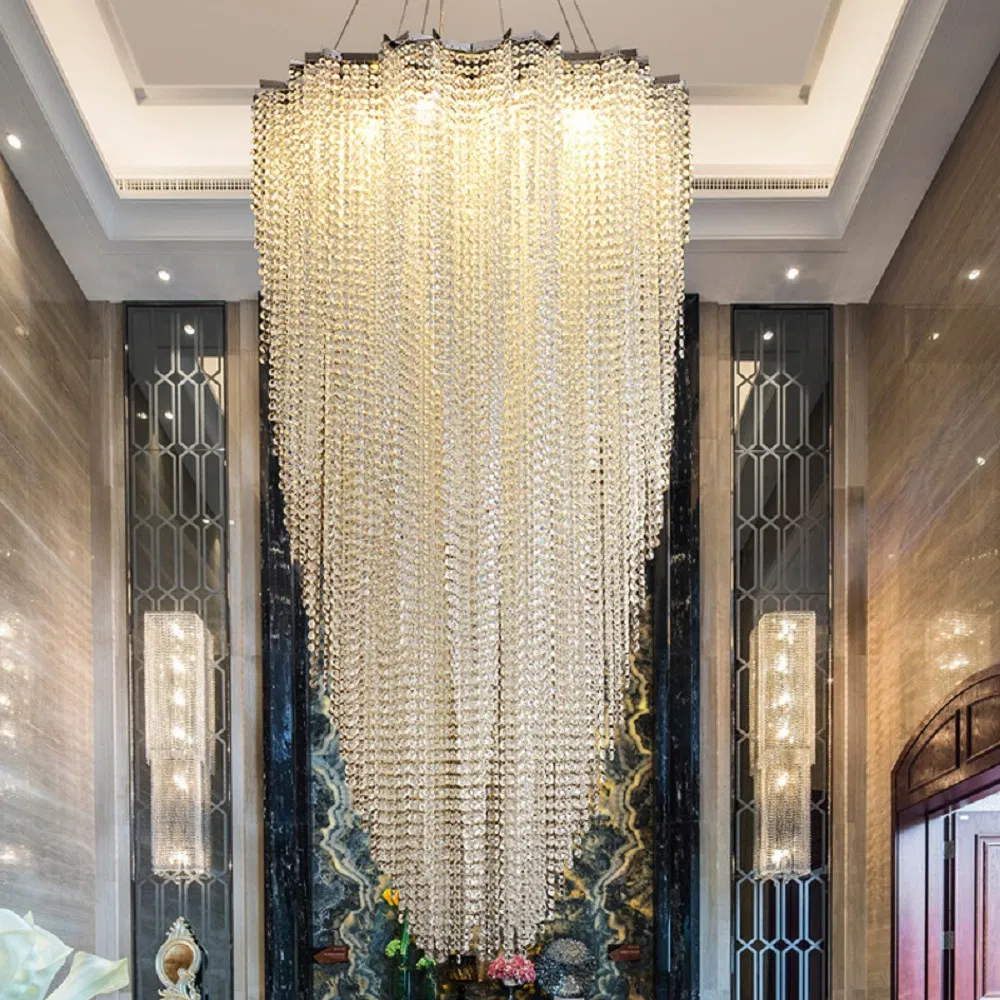 Luxury Raindrop Long Crystal Spiral Staircase Pendant Hanging Lamp High Ceiling Decorative Chandeliers