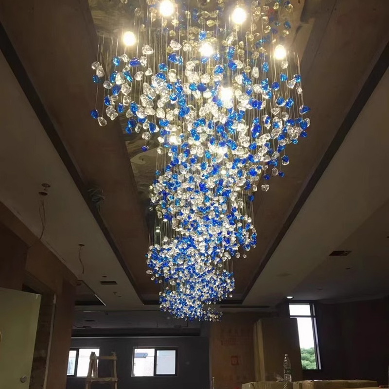 Hotel Lobby Lighting Project Ballroom Ceiling Decorated with Colored Stone Glass Chandeliers