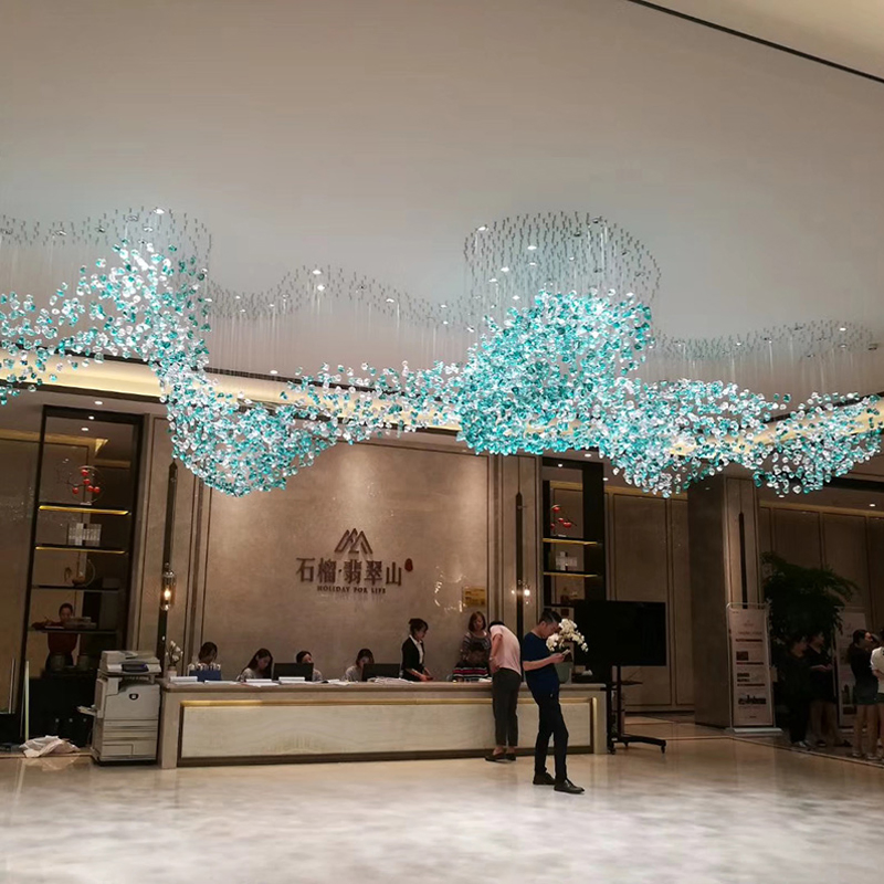 Hotel Lobby Lighting Project Ballroom Ceiling Decorated with Colored Stone Glass Chandeliers