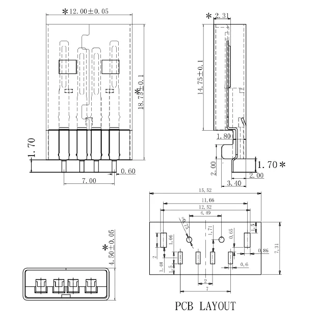 Right Angle USB Connector Header Technical Drawing
