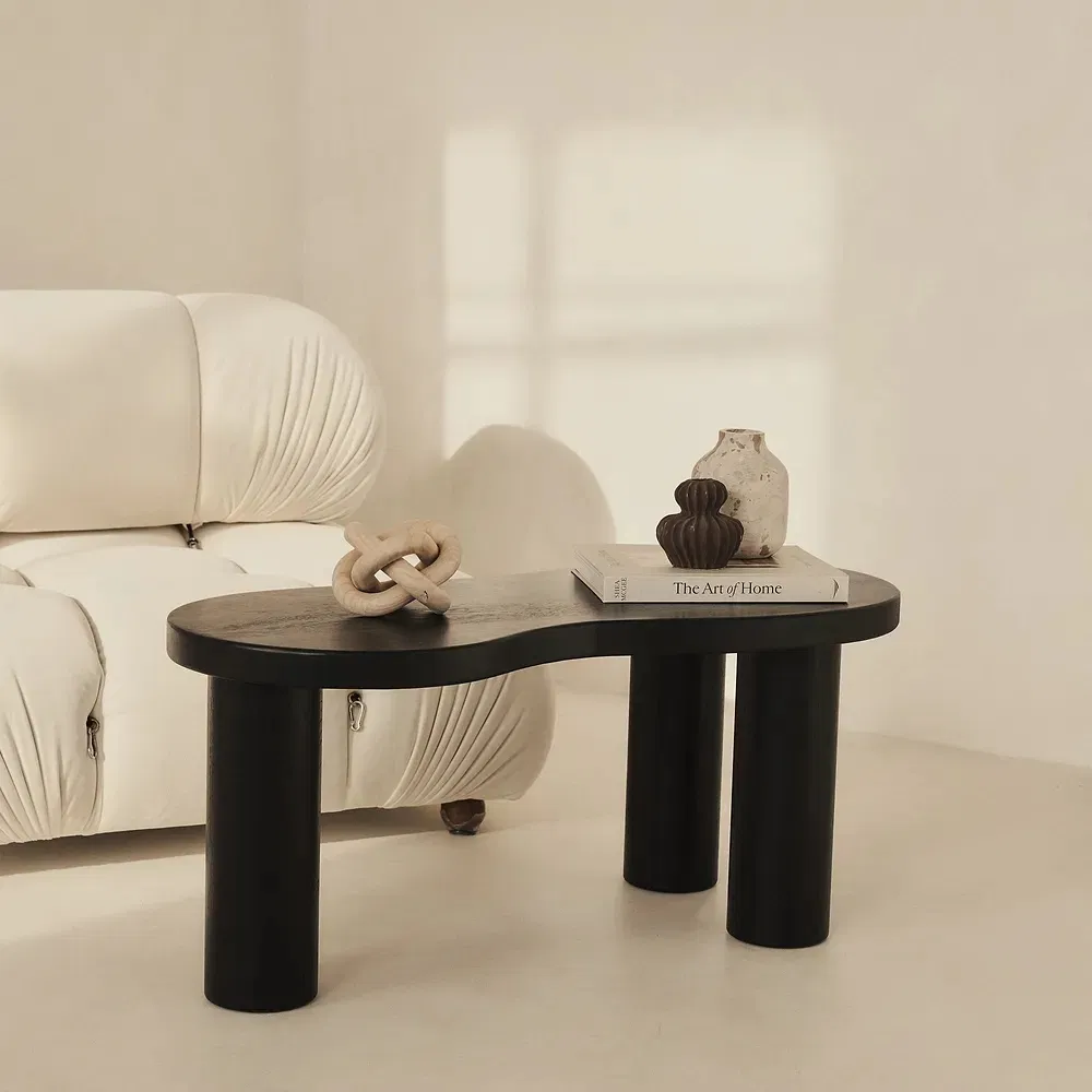 Mesa de Café Irregular em Madeira Preta com Folheado, Tamanhos Pequeno, Médio e Grande, Mesa de Chá Contemporânea para Sala de Estar, Mesa Lateral Moderna para Sofá
