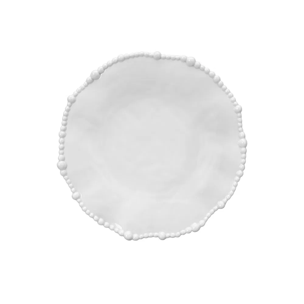 Conjunto de Louça de Cerâmica Branca com Borda de Pérolas Luxuosa 24PCS Pratos e Tigelas de Porcelana em Forma Orgânica, Utensílios de Mesa Irregulares para Casamento