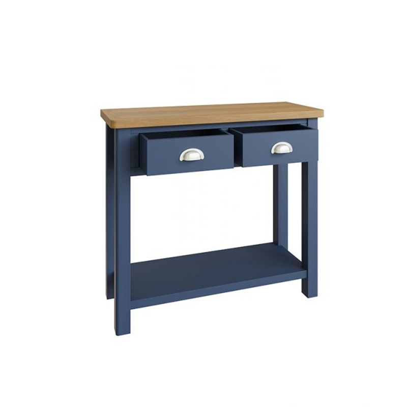 Mesa de Consola de Madeira Pintada Azul para Corredor com Entrada Estreita, Tampo de Carvalho, com 2 Gavetas de Armazenamento e Prateleira