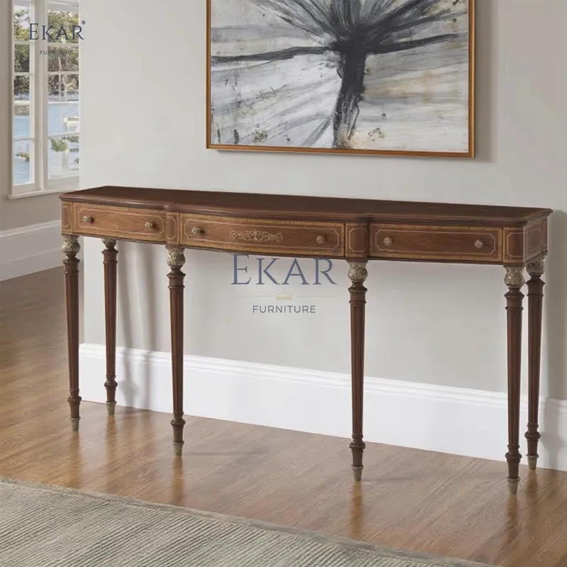 Mesa de Consola de Madeira Sólida Clássica para Entrada com Armazenamento e Design Intricado