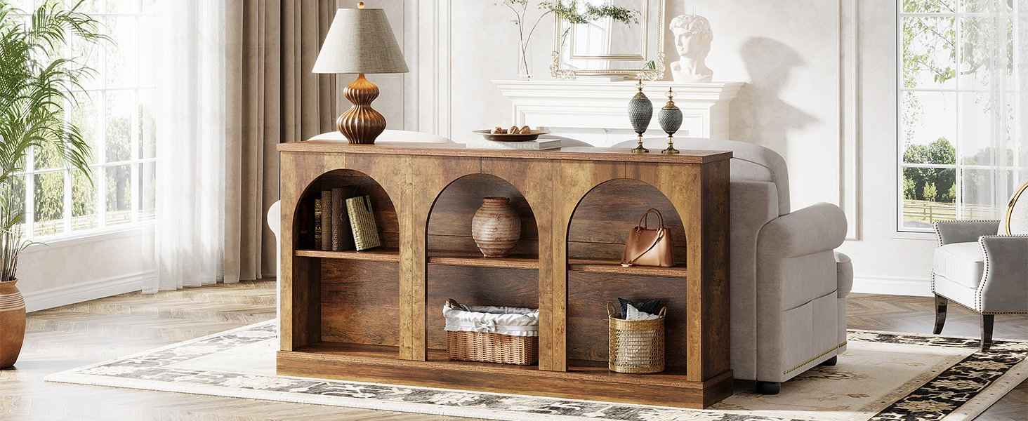 Mesa Console de Estilo Campestre, 63-Inch Mesa de Entrada Longa com 3-Tier Armazenamento, Mesa Retangular de Madeira para Atrás do Sofá, para Hall de Entrada, Corredor, Sala de Estar, Marrom