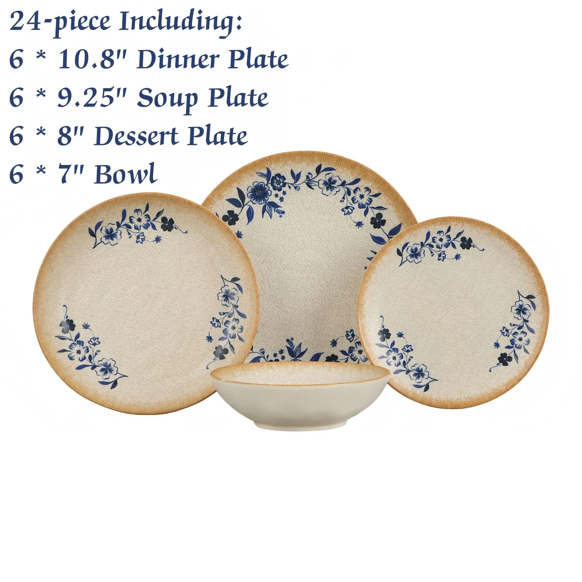 24PCS Conjunto de Louça de Cerâmica Impressa Digital com Estampa Floral Azul Rústica, Pratos e Tigelas com Efeito de Esmalte Craquelado, Utensílios de Mesa