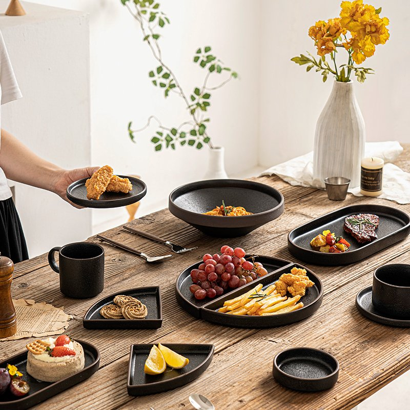 Restaurante Hotel Design Único Prato de Cerâmica em Forma de Meio Círculo Pratos Pretos Louça de Mesa