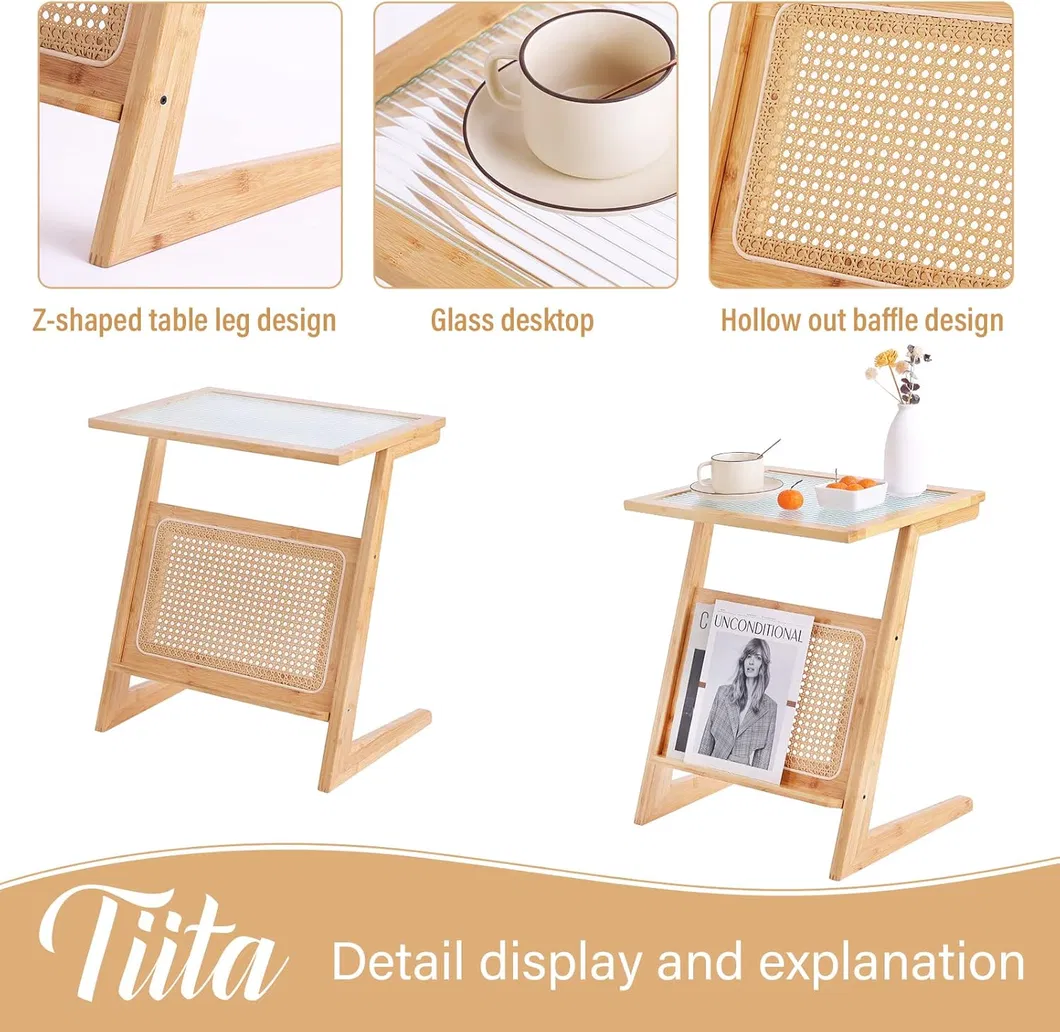 Mesa lateral de sofá para sala de estar feita de bambu, mesa de cabeceira para quarto, mesa de café pequena tecida em rattan japonês