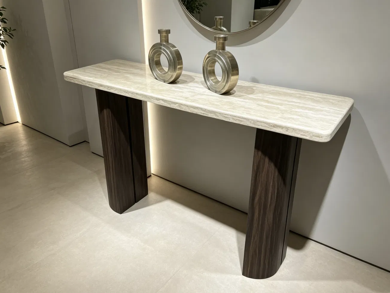 Contemporary Round Walnut Wood Console Table for Elegant Entryway Decor