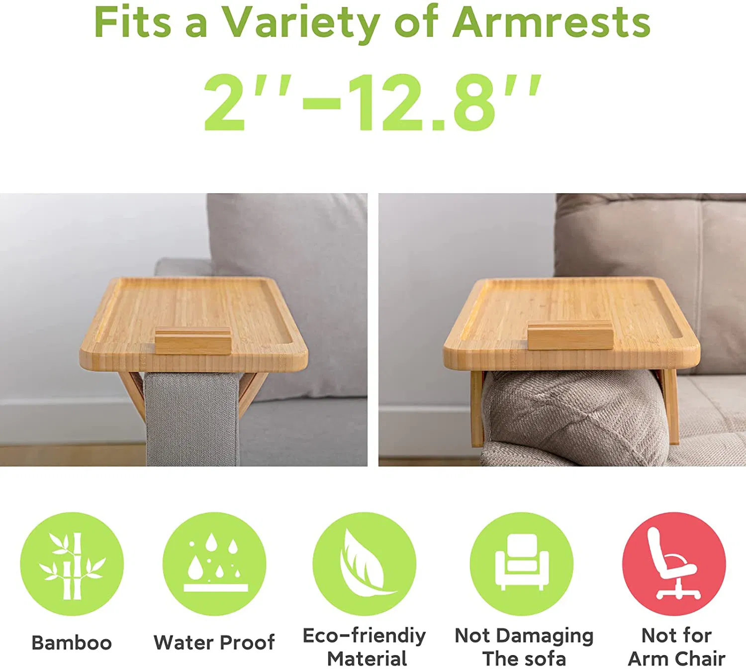 Mesa de bandeja de bambu para sofá, mesa lateral para sofás largos, bandeja dobrável para sofá com suporte rotativo para telefone, mesa de apoio para comer, bebidas e lanches
