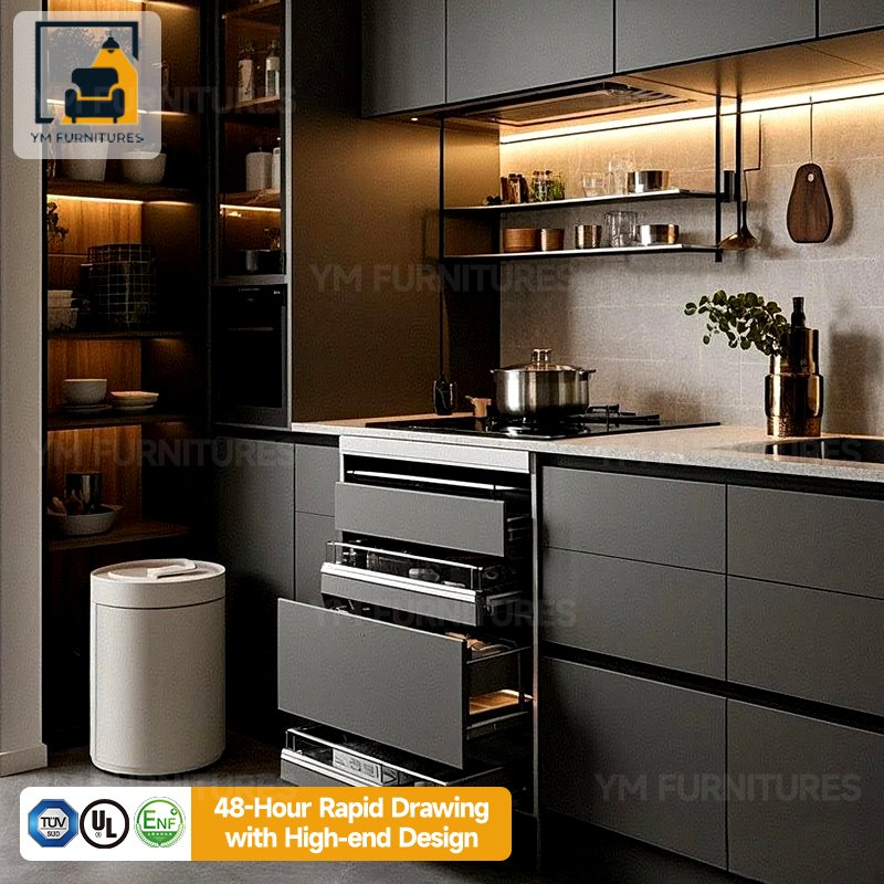 Armário de Cozinha Modular em Madeira de Luxo com Bancada de Mármore Preto para Armazenamento