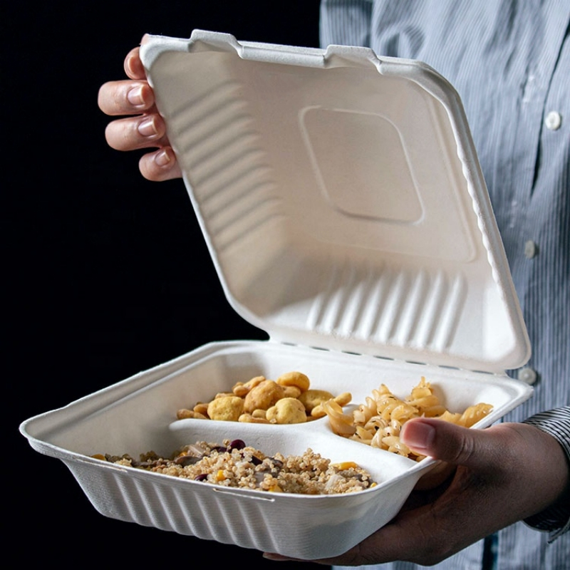 Recipiente de Alimentos de Pulpas de Cana-de-Açúcar Compartmentalizado Biodegradável Descartável Compostável 3 Utensílios de Mesa