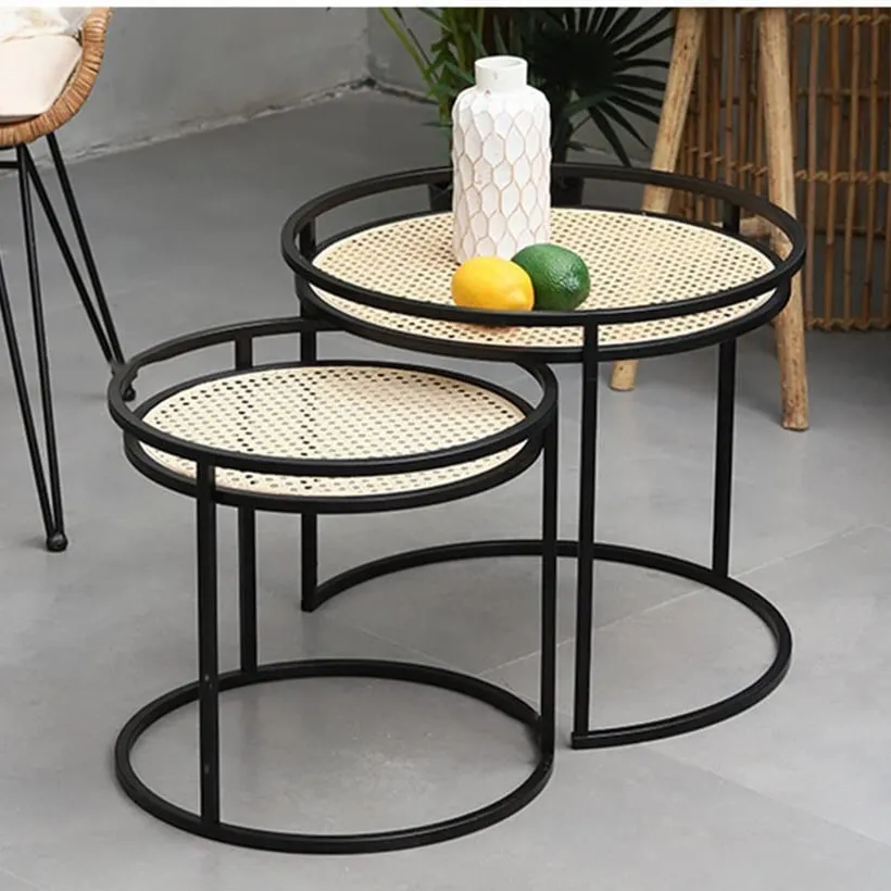 Mesa de Café Lateral Moderna de Metal Redonda com Rattan e Bambu Móveis para Casa Pequena Jardim Mesas de Chá Mesa de Cabeceira