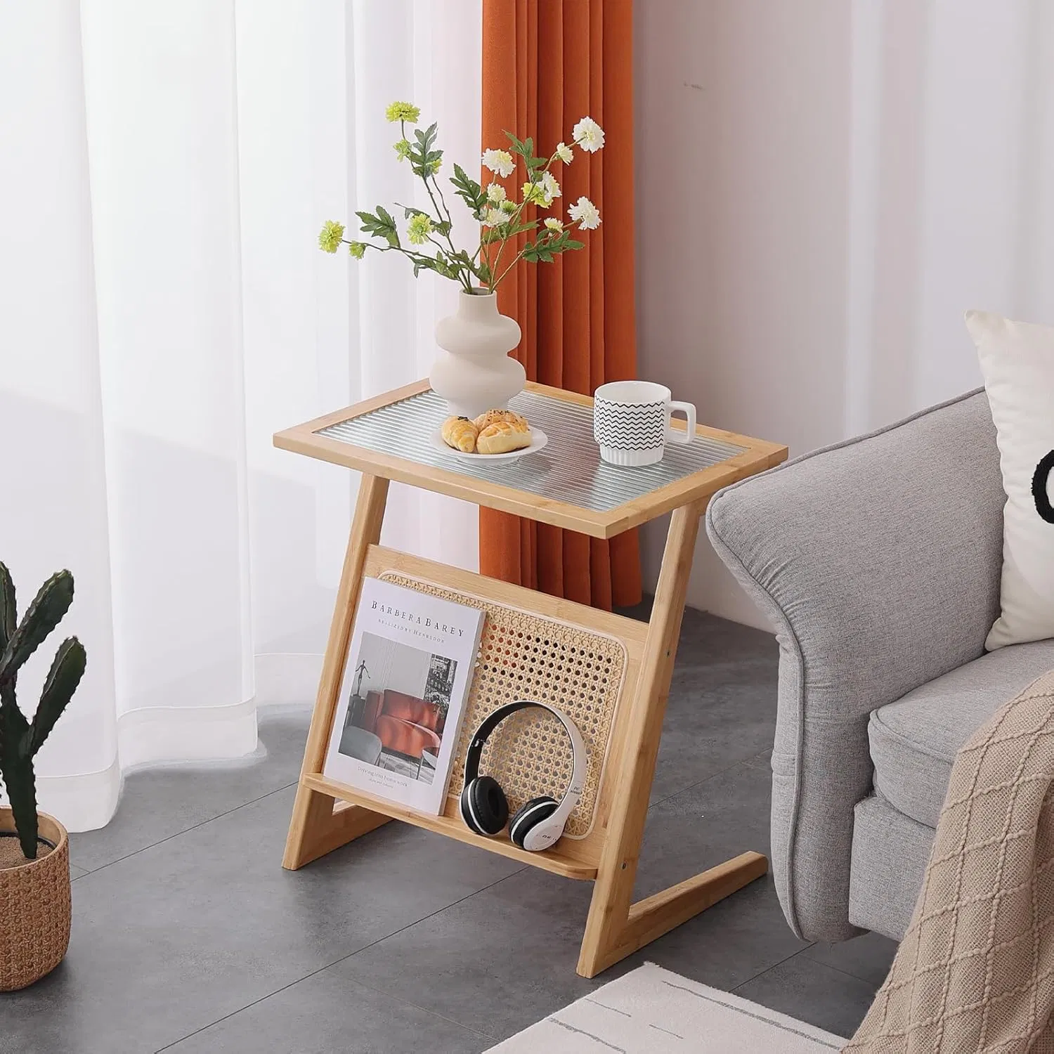 Mesa lateral de sofá para sala de estar feita de bambu, mesa de cabeceira para quarto, mesa de café pequena tecida em rattan japonês
