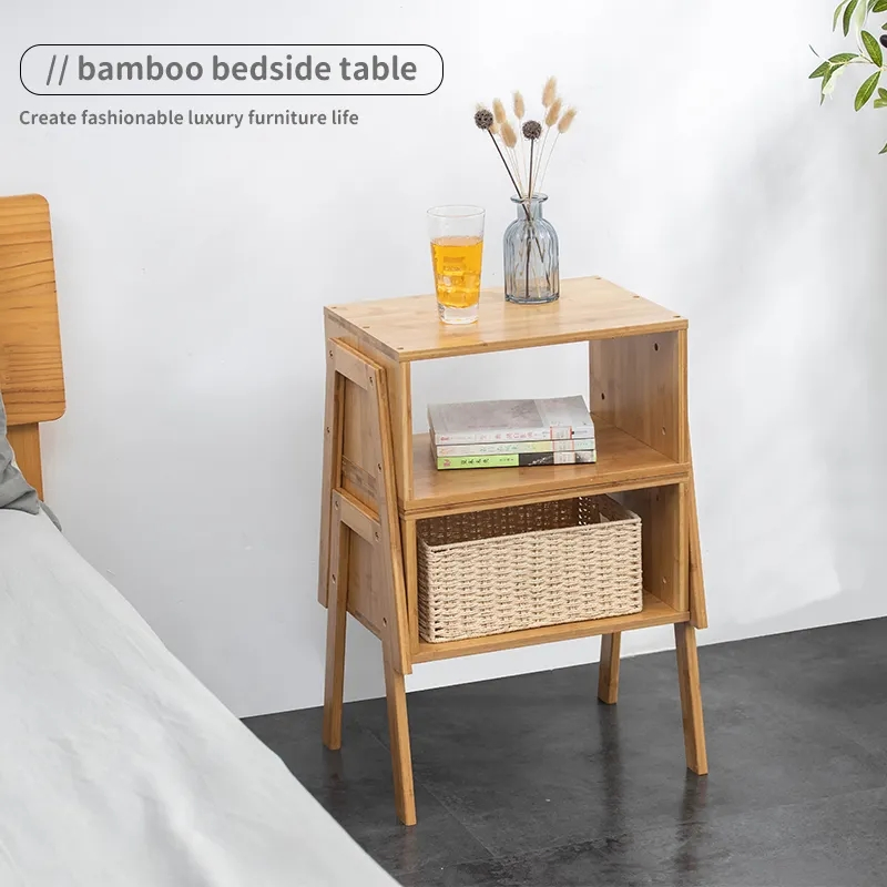 Mesa de cabeceira de bambu ecológica à venda por atacado, mesa de café empilhável, móveis para sala de estar e quarto
