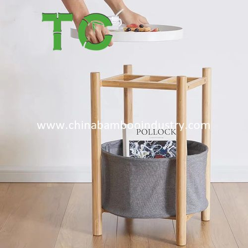 Mesa de Canto Redonda de Bambu Atacado com Cesta de Armazenamento Removível Mesa de Café Mesa Lateral Mesa de Sofá Mesa de Cama
