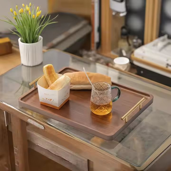 Bandeja de Madeira de Alta Qualidade com Alças de Metal Douradas para Cozinha, Mesa de Café, Jantar e Alimentos