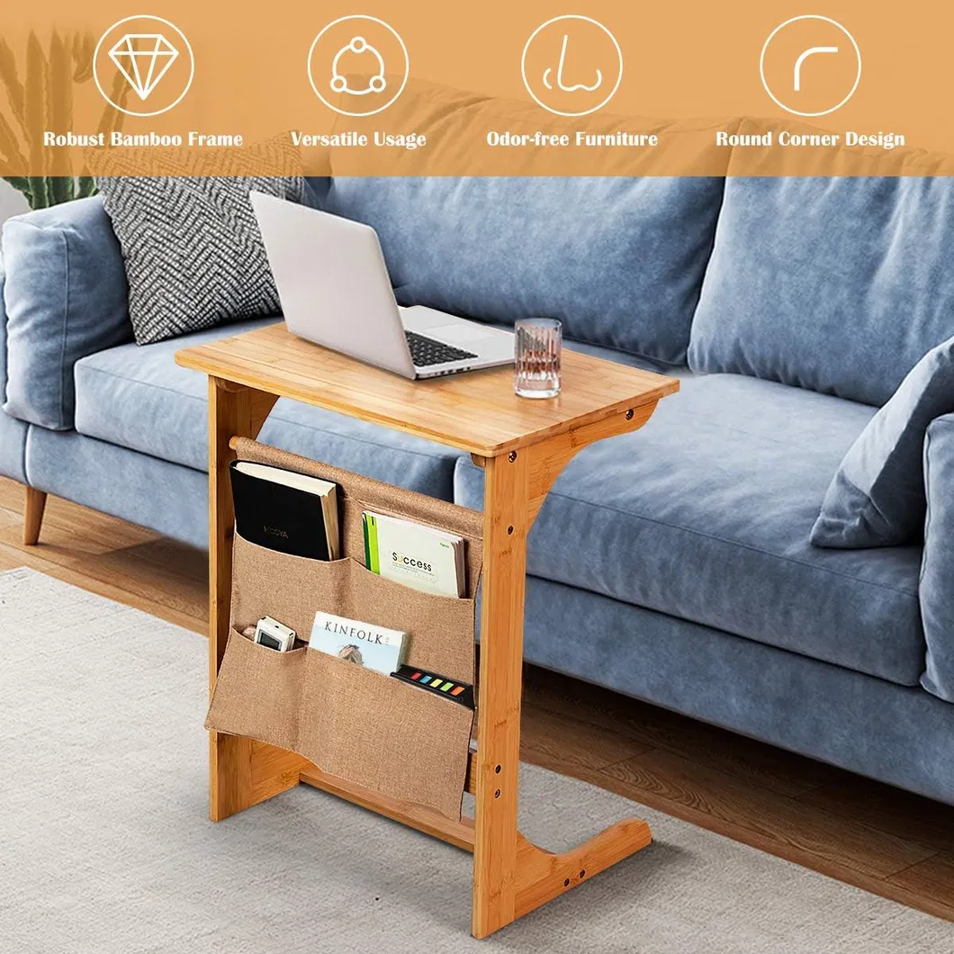 Mesa Lateral de Sofá C em Bambu Multifuncional para Quarto