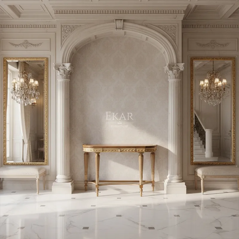 Design Detalhado Mesa Console de Madeira Dourada Sovereign Heritage