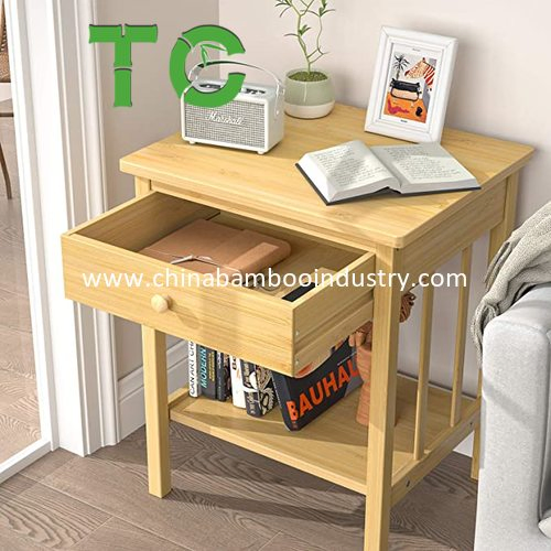 Mesa de Cabeceira de Bambu a Preço de Fábrica, Mesa Lateral com Gaveta e Prateleira Organizadora