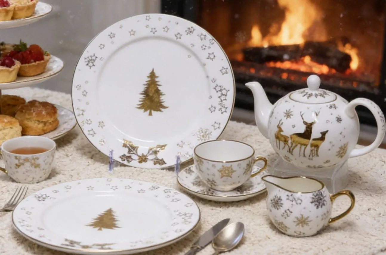 Conjunto de Jantar de Natal com Decalque Brilhante, Louça de Cerâmica para Jantar em Casa