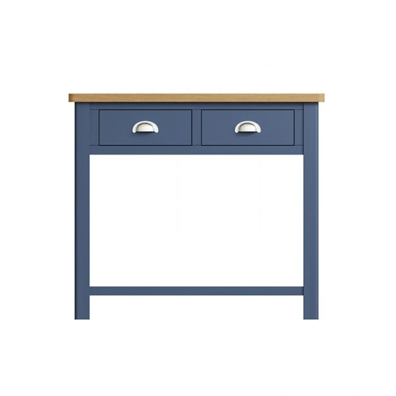Mesa de Consola de Madeira Pintada Azul para Corredor com Entrada Estreita, Tampo de Carvalho, com 2 Gavetas de Armazenamento e Prateleira
