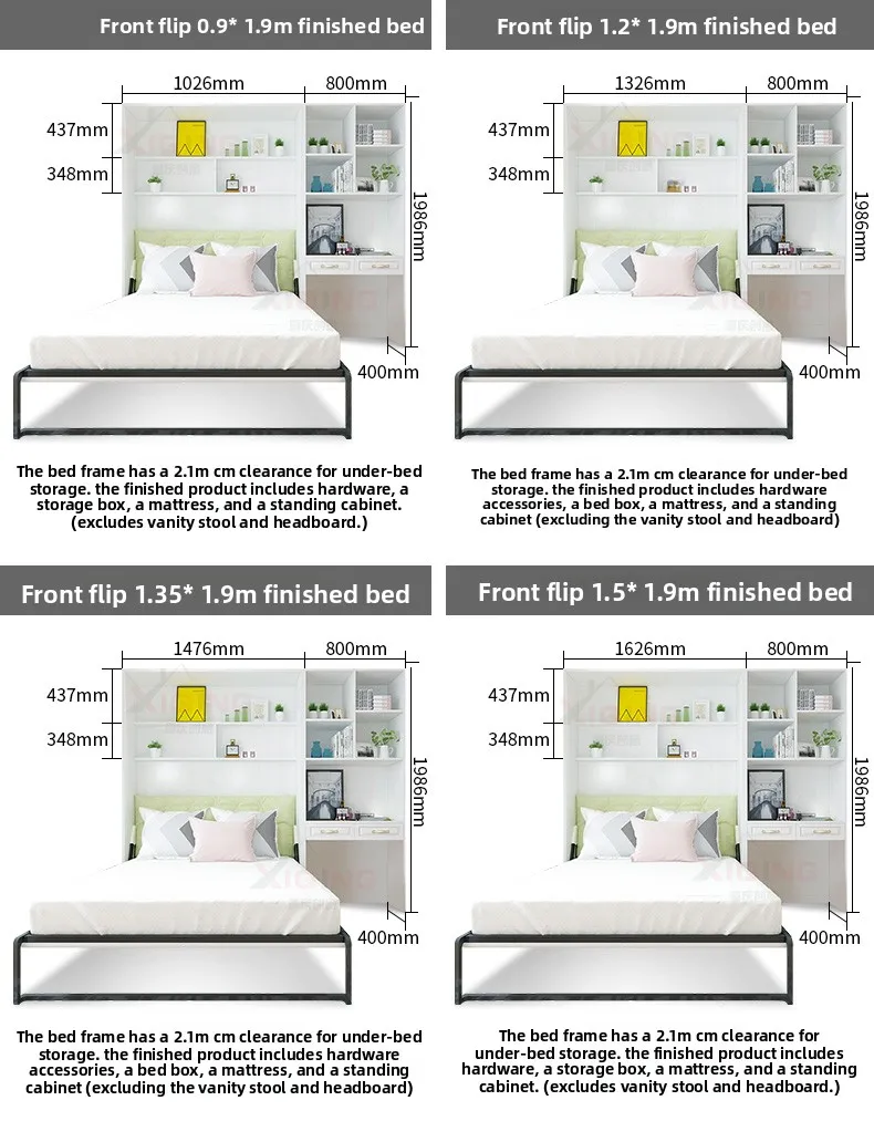 Camas Murphy de pernas sólidas, prontas para uso, com acessórios de estrutura de cama, design invisível