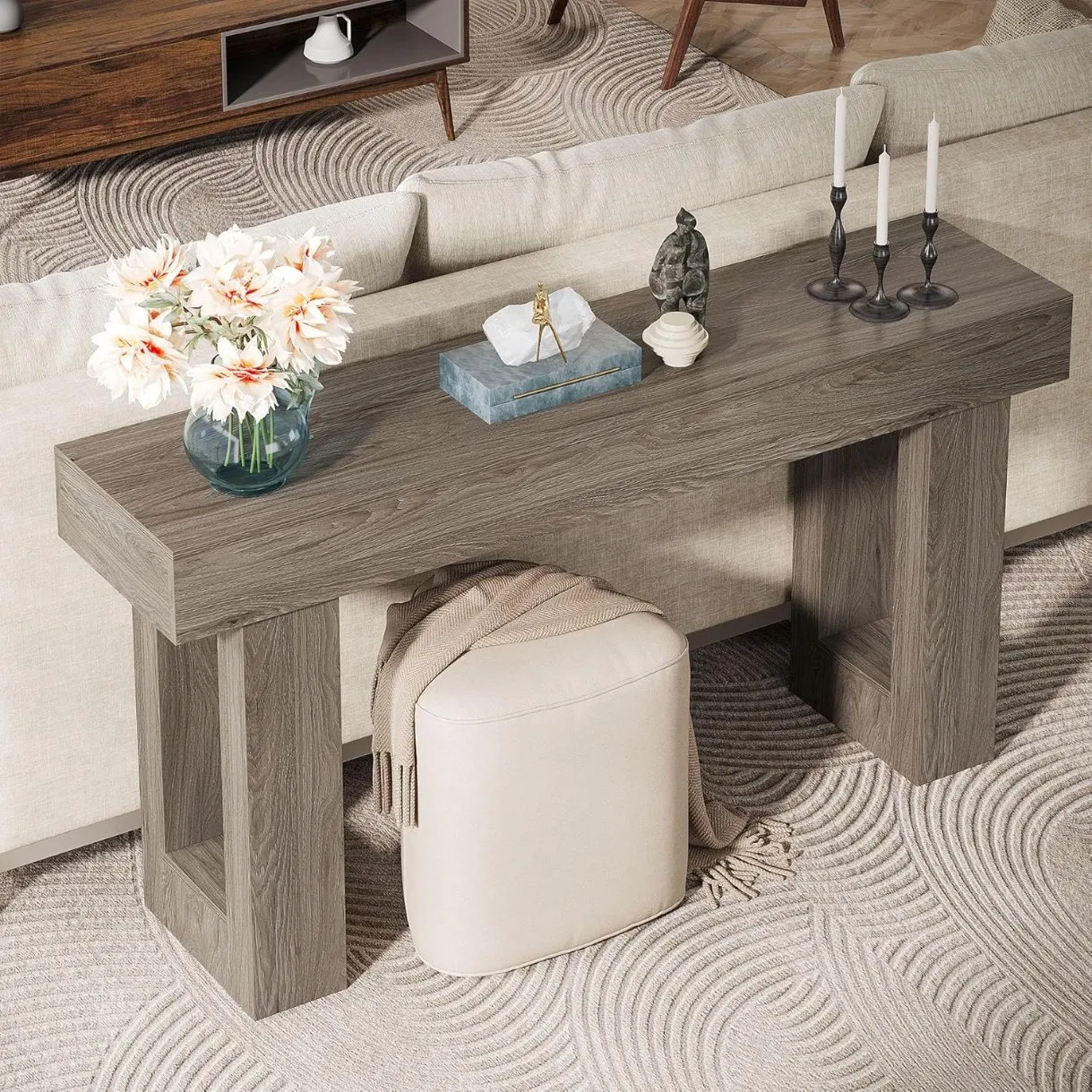 63-Inch Mesa Console Longa, Mesa Retangular de Madeira para Atrás do Sofá, Mesa de Entrada Estilo Fazenda para Hall de Entrada, Sala de Estar (Cinza)