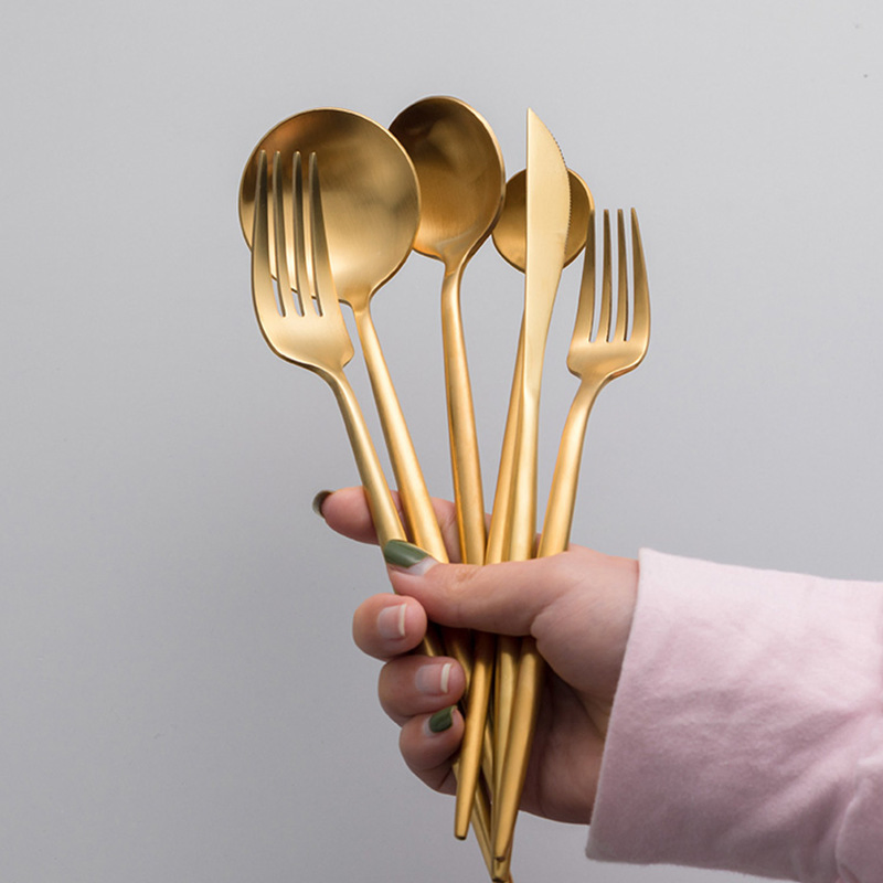 Melhor Vendedor Faca de Carne Dourada Garfo Colher Cabo Redondo Utensílios de Aço Inoxidável