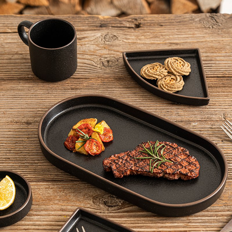 Restaurante Hotel Design Único Prato de Cerâmica em Forma de Meio Círculo Pratos Pretos Louça de Mesa