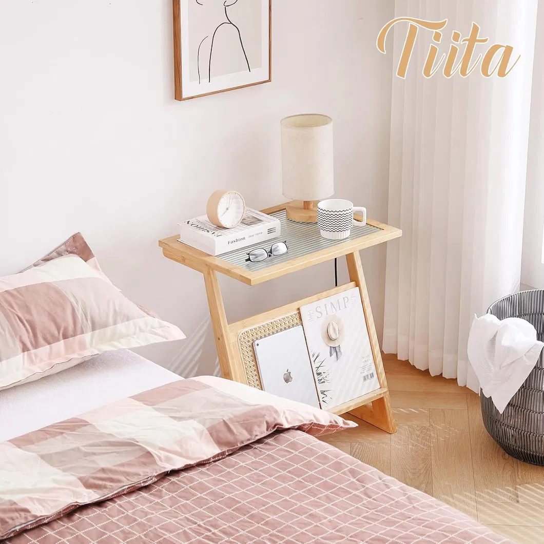 Mesa lateral de sofá para sala de estar feita de bambu, mesa de cabeceira para quarto, mesa de café pequena tecida em rattan japonês