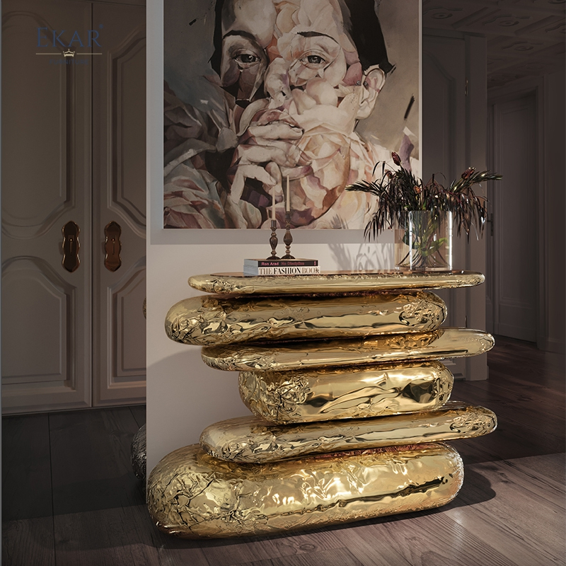 Moderno - Estilo Mesa de Console para Sala de Estar: Núcleo de Madeira Sólida com Revestimento de Lata de Latão, Tampão de Mármore, uma Peça Central Luxuosa para o Hall de Entrada