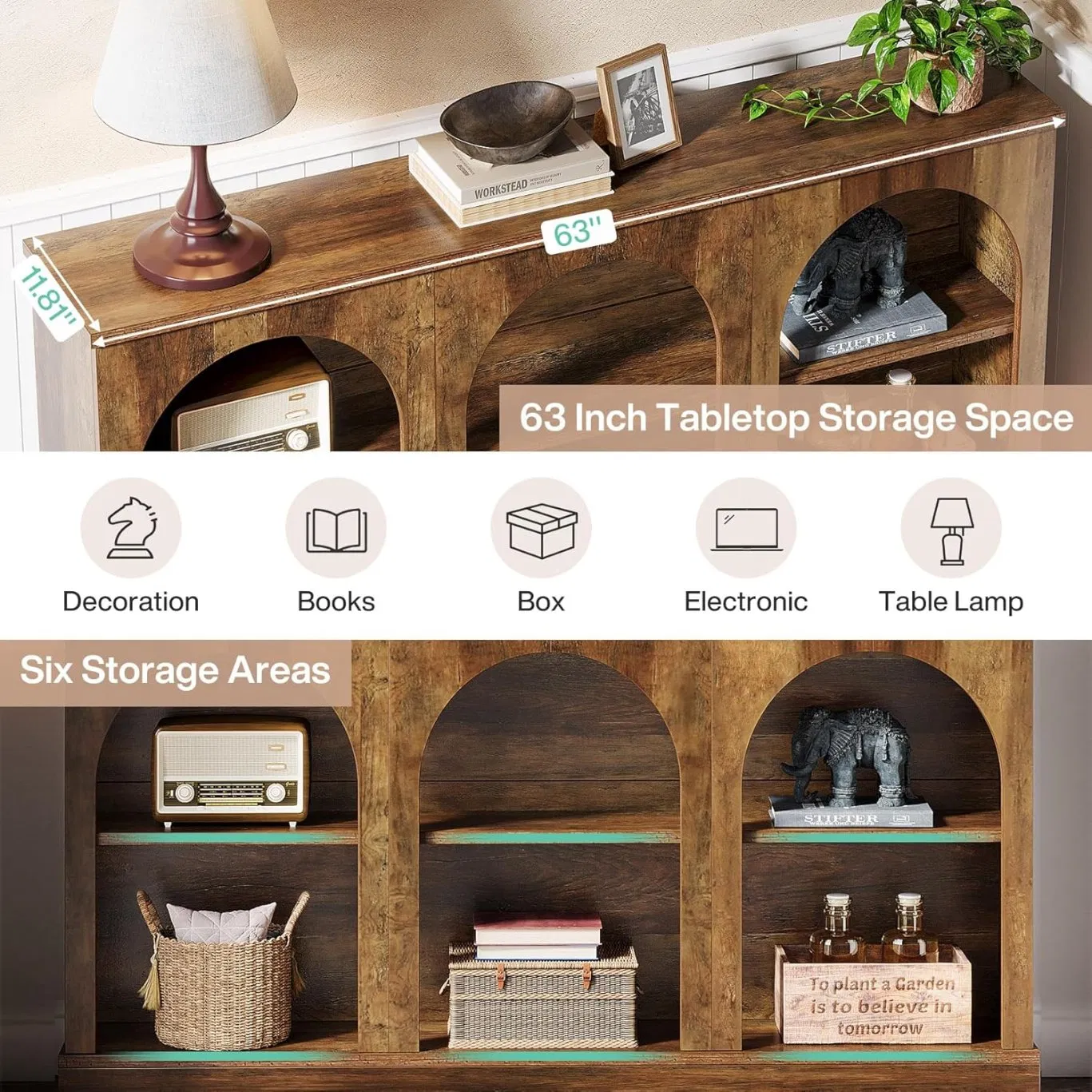 Mesa Console de Estilo Campestre, 63-Inch Mesa de Entrada Longa com 3-Tier Armazenamento, Mesa Retangular de Madeira para Atrás do Sofá, para Hall de Entrada, Corredor, Sala de Estar, Marrom