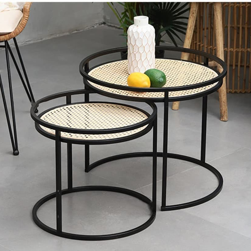 Mesa de Café Lateral Moderna de Metal Redonda com Rattan e Bambu Móveis para Casa Pequena Jardim Mesas de Chá Mesa de Cabeceira