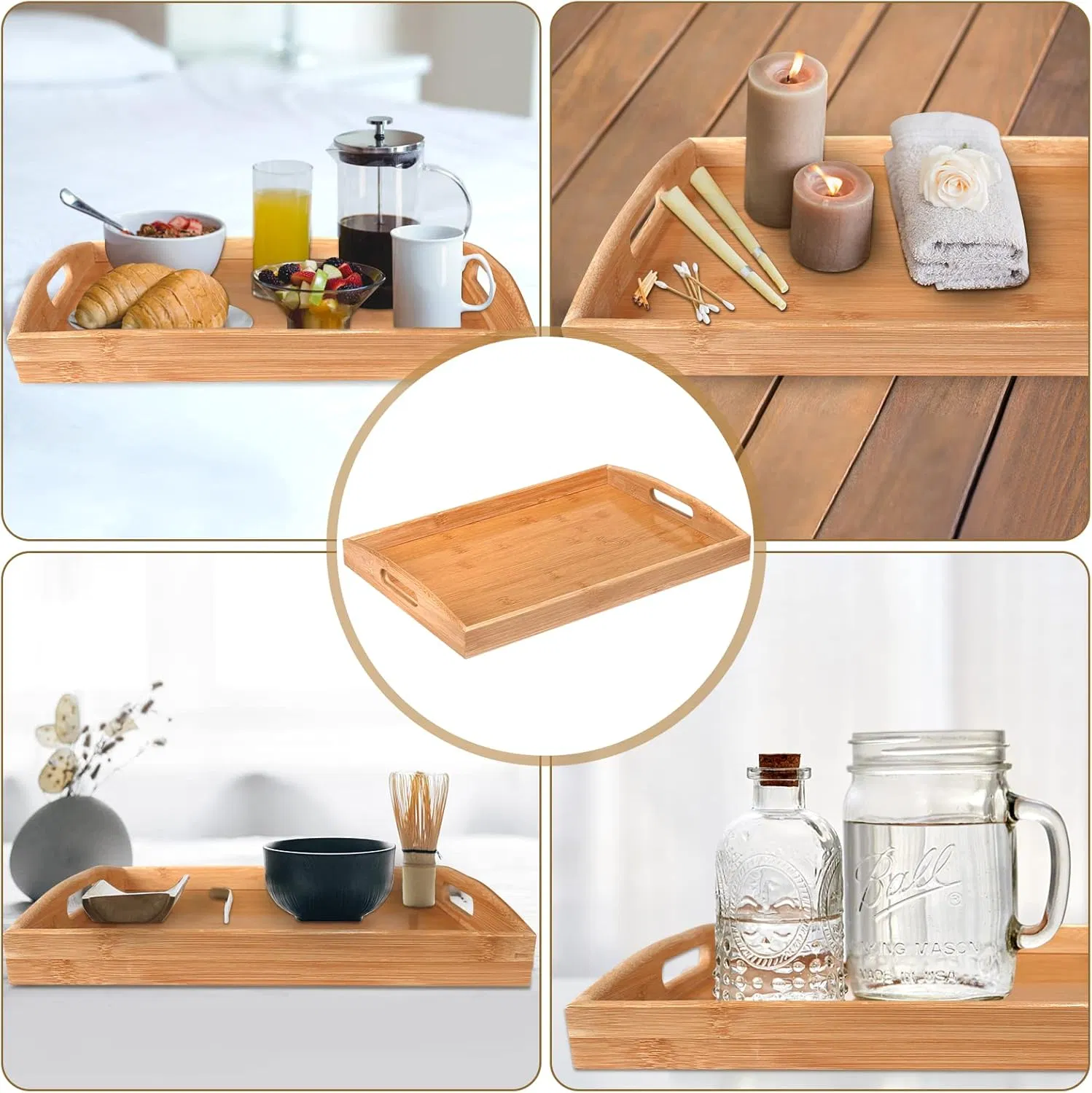 Bandeja de Bambu Multifuncional com Alças para Chá Café Mesa Cozinha Decorativa Cama